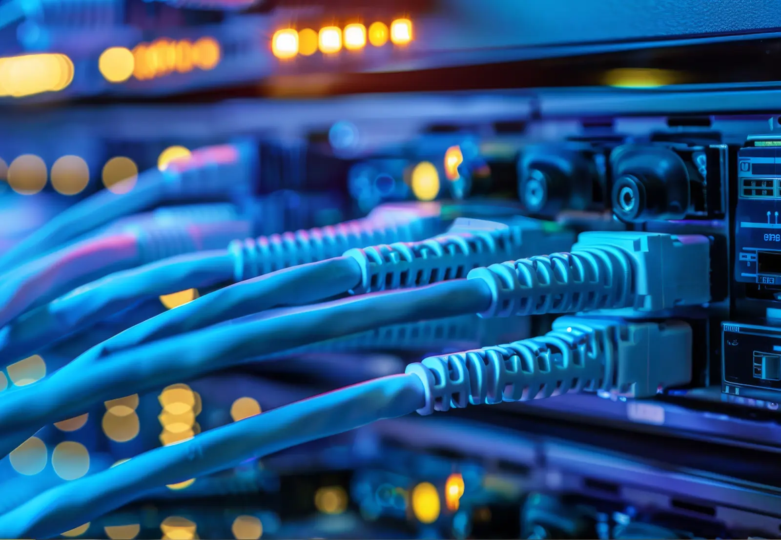 Nahaufnahme von blau leuchtenden Ethernet-Kabeln, die in einem Server-Rack eingesteckt sind. Darstellung von moderner Daten- und Netzwerkverkabelung.