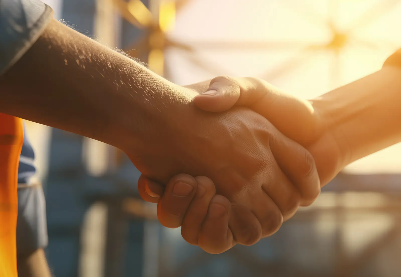 Zwei Personen schütteln sich die Hände vor einem sonnigen Hintergrund; einer trägt Arbeitskleidung. Symbolbild für Vertrauen, Partnerschaft und Kundenservice im Handwerk.