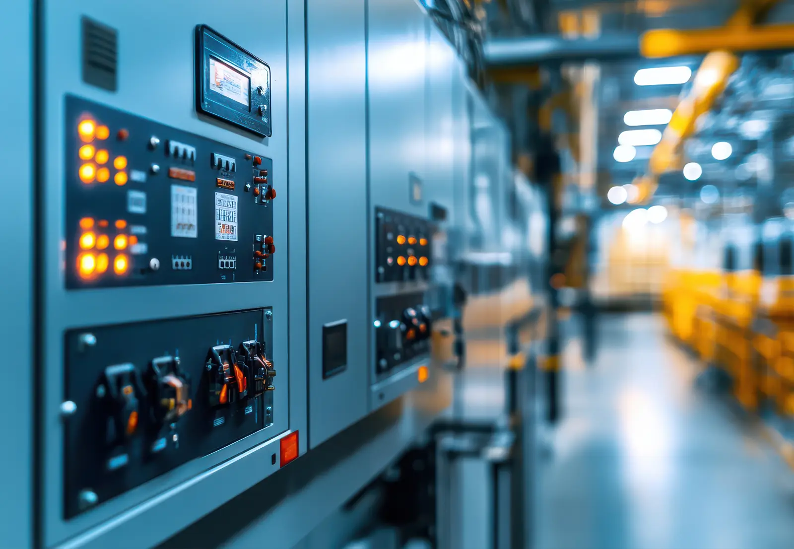 Blick in einen geöffneten industriellen Schaltschrank mit komplexer Verkabelung, Modulen und digitalen Anzeigen. Visualisierung von professioneller Energieverteilung und Steuerungstechnik.
